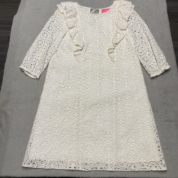 Lilly Pulitzer Dresses & Skirts - Lilly Pulitzer Dress Small Resort White Floral Eyelet Lace Ruffle Primm Dainty